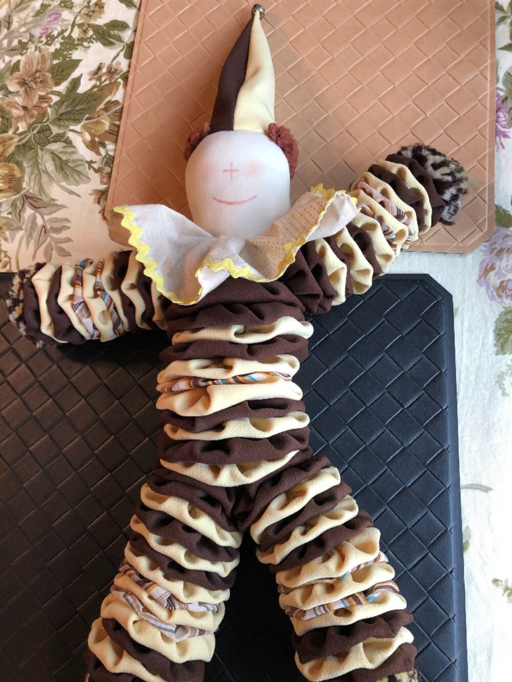 Vintage Hand Made Yoyo Circle Cloth Rag Clown Doll Yellow and Brown 23" Tall
